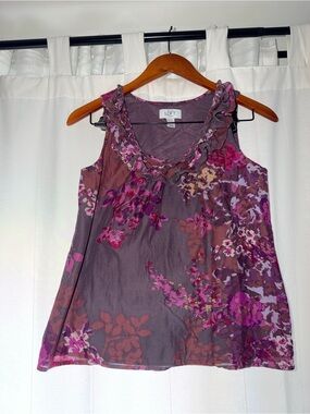 LOFT Purple Floral Ruffle-Neck Sleeveless Camisole